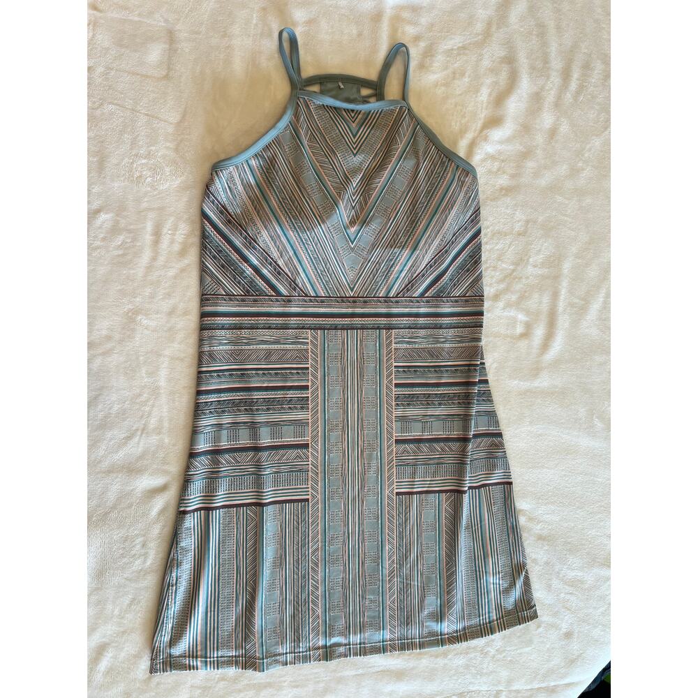 prAna Quinn Dress Medium Blue Geometric Aztec High Neck Lattice Strap Back Boho